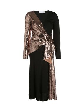 Pinko Black and Rose-Gold Sequin Wrap-Effect Long Sleeve Midi Dress